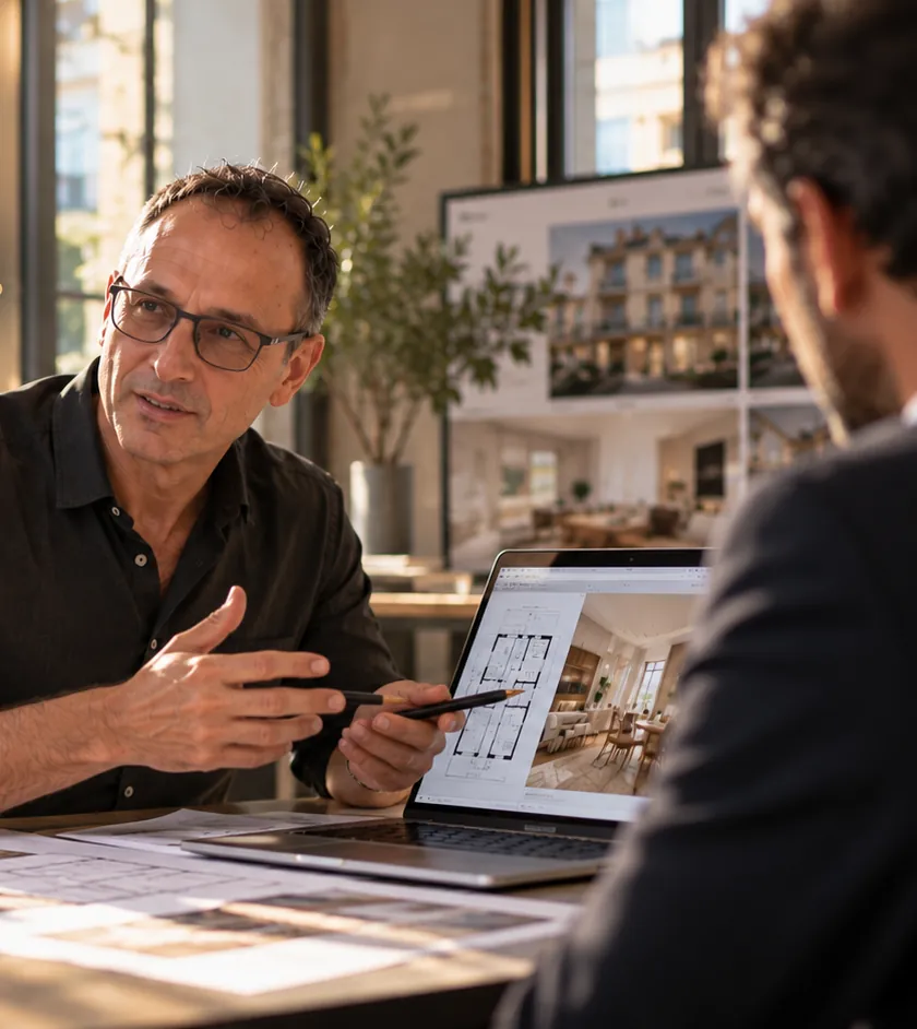 L'Advisor presenta a un investitore la pianta e il rendering di un appartamento